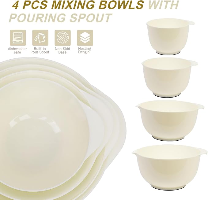 BoxedHome 4.5 Quart Large Plastic Mixing Bowls set with Pour Spout, Beige | BPA-Free Plastic, Microwave & Dishwasher Safe, 4-Piece (1.7, 2.5,3.5 & 4.5 Qt),Nesting Bowls for Space Saving Storage
