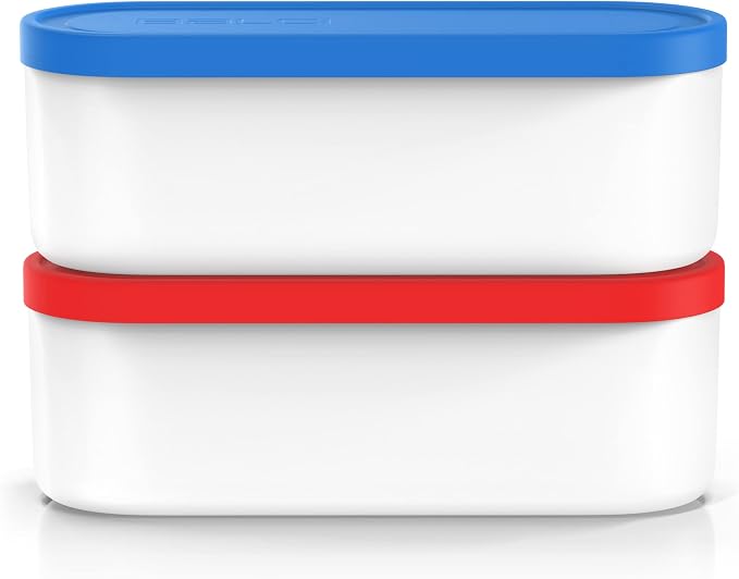Ice Cream Containers - 2 Quart Ea. (Set of 2) - Premium Reusable Freezer Storage for Homemade Ice Cream Tub for Sorbet, Frozen Yogurt - Flexible Silicone Lids, Long Scoop, Stackable - Blue & Red