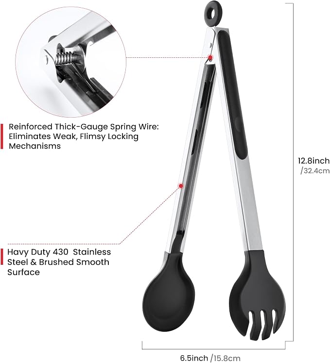 12 Inch Kitchen Tongs for Cooking, 600ºF Heat Resistant 2-in-1 Cooking Tongs with Silicone Tip & Measure Spoon Pasta Tongs Spaghetti Tongs for Tossing Salad, Serving Food, Non-Stick (12"-Round Head)