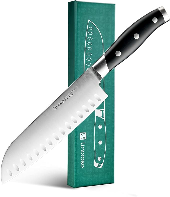 linoroso Santoku Knife 7 inch Meat Kitchen Asian Chef Knife, German High Carbon Stainless Steel Chopping Knife with Full Tang Ergonomic Handle for Home Kitchen and Restaurant