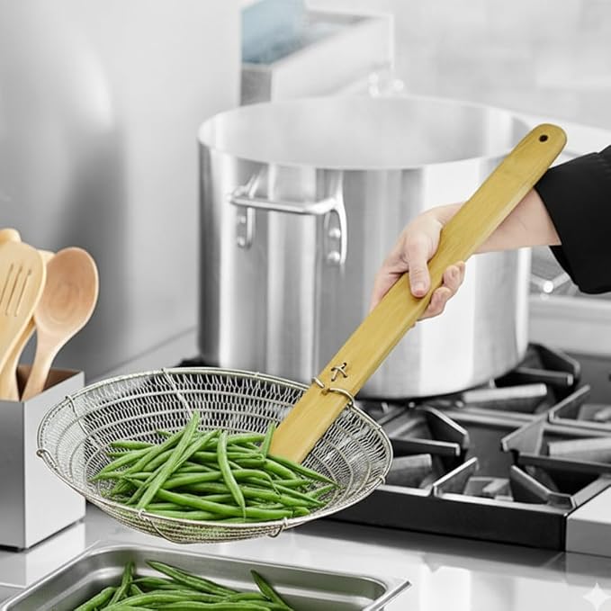 TrueCraftware- 12” Fine Mesh Skimmer with Natural Bamboo Handle- Spider Strainer Ladle Kitchen Frying Food Pasta Spaghetti for Cooking and Frying Pasta Strainer Spoon