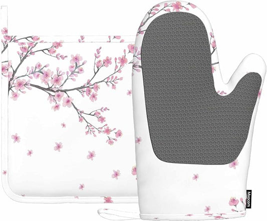 Mxocom Cherry Blossom Heat-Resistant Oven Mitts and Pot Holder Watercolor Branch of Flowers Kitchen Non-Slip Cooking Microwave Gloves for Cooking Baking Grilling