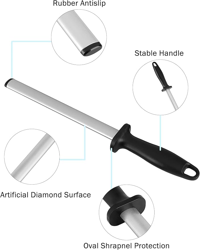 Knife Sharpener Rod, 8 Inch Diamond Sharpening Steel, Kitchen Honing Rod Knife Sharpening Tool for Home Kitchens and Restaurants
