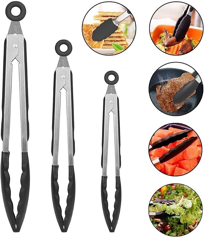 MOACC Kitchen Tongs for Cooking with Silicone Tips, Heat Resistant Kitchen Utensils Locking Silicone Tongs, Serving Food Tong Set of 3, 7,9,12 Inch