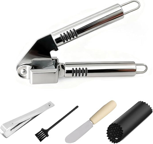 MANJIA Garlic Press and Peel Set Stainless Steel- Rust Proof Garlic Mincer Tool - Easy-Squeeze, Easy-Clean Silicone Garlic Peeler & Brush (Black)