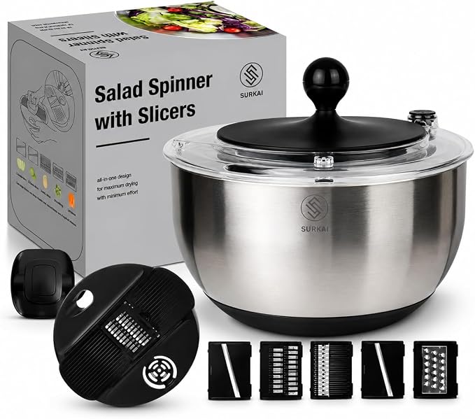5L Salad Spinner Best Rated – Lettuce Spinner with Non-Slip Base & Salad Bowl, One Hand-Drain stop button, Fruit and Vegetable Washer For Fast Meal Prep | Dishwasher Safe Kitchen Set