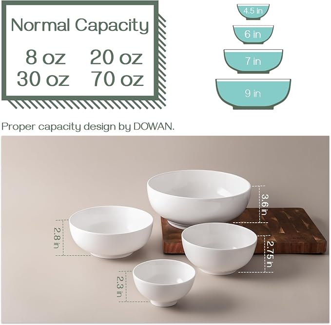 DOWAN Serving Bowls, Mixing Bowl Set, 70/30/20/8 Ounces Mixing Bowls for Kitchen, Soft White Serving Set, Serving Bowls Set of 4, Ceramic Bowl Sets for Eating Different Sizes