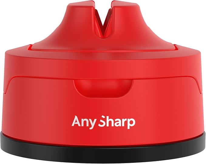 AnySharp – Evo – Hands Free Knife Sharpener - Easy to Use Sharpening Tool with Improved PowerGrip Suction Base and 20-Deg Pre-Set Angle - for All Knives: Chef's, Serrated, and Hardened Steel - Red