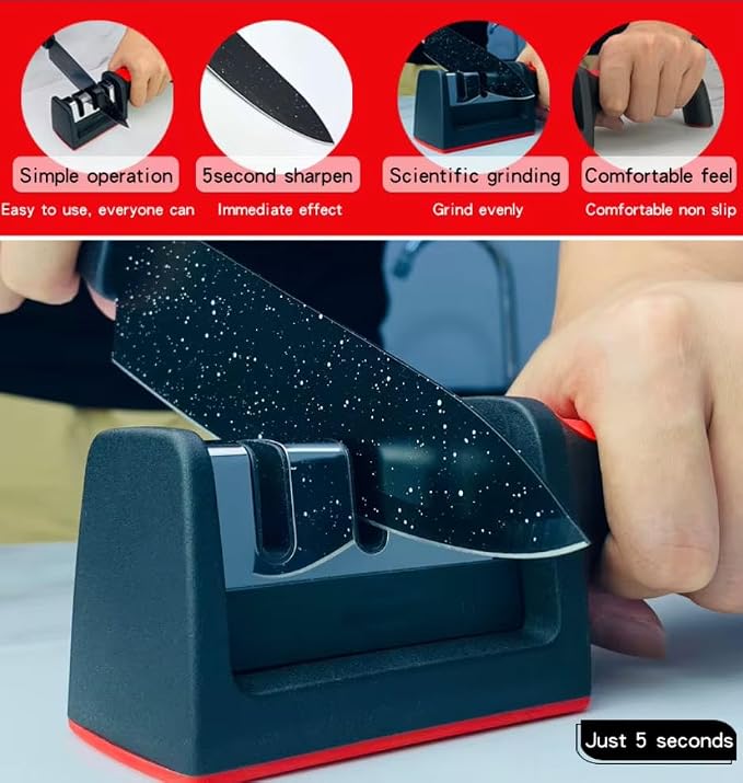 Professional 3-Stage Knife Sharpener with diamond, tungsten steel and ceramic slots. Sharpen kitchen knives, chef knives and scissors easily with this non-slip manual sharpener. (Red)