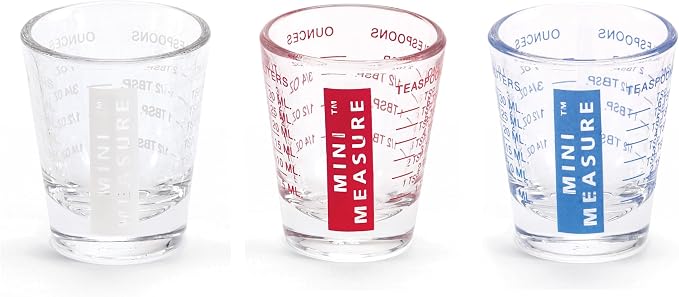 Kolder Mini Measure Multi-Purpose Shot Glass, Heavyweight Glass, Patriotic Red White And Blue, 3-Piece Set, For Liquid And Dry Ingredients And Precise Recipe Prep