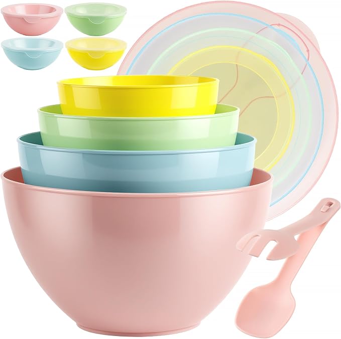 16 Piece Plastic Mixing Bowls with Lids Set includes 8 Prep Bowls & 8 Lids | Nesting Design, 2-in-1 Spoon-Fork, 1.1/2/3.4 /4.8QT, Large Salad Bowl for Preparing, Serving, and Storing, Dishwasher Safe