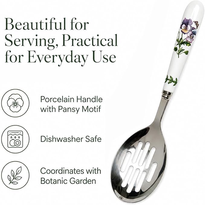 Portmeirion Botanic Garden Slotted Spoon | Slotted Spoon for Serving & Draining, Ideal for Pasta, Vegetables, & Serving, Porcelain & Stainless Steel Construction