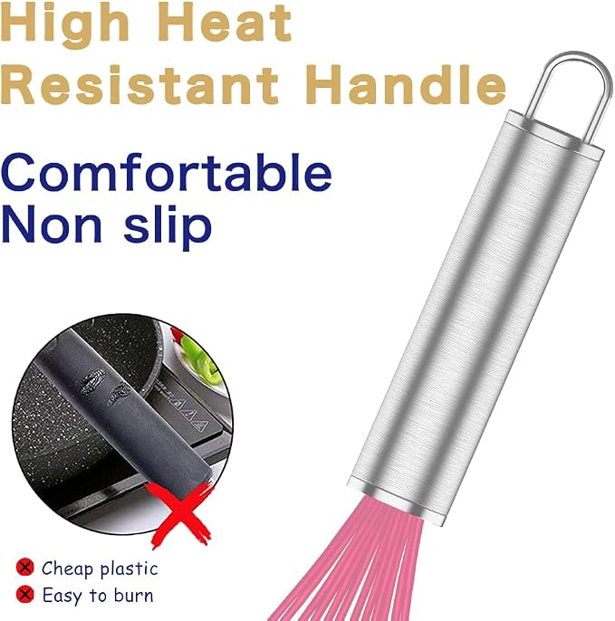 OYV Pink Silicone Whisk, Professional Whisks For Cooking Non-Scratch, Stainless Steel & Silicone Wisk, Plastic Rubber Whisk Tool For Nonstick Cookware Pans, Silicon Wisks Set of 3