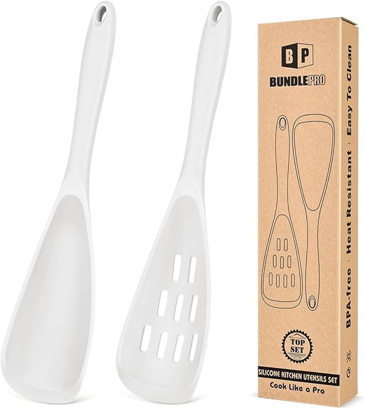 Pack of 2 Cooking Spoons for Non Stick Cookware, Multifunction Spatula Spoon BPA-Free, One-Piece Design, Suitable for Scooping, Scraping, Serving and Mixing (WHITE)