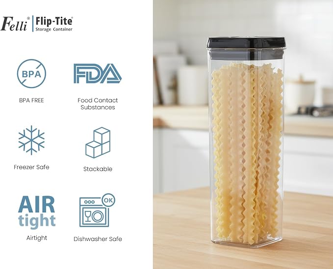 Felli Flip Tite TALL Storage Container with Lid 4" Air Tight Easy Open Ring Top, Clear Acrylic Skinny Canister Jar for Spaghetti Lasagna Fettuccine Noodle, Kitchen Cupboard Pantry Organizer (2.0 qt)