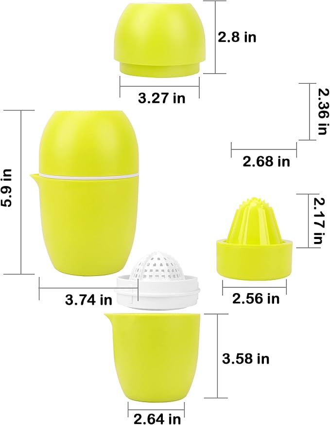 Lechin Hand Juicer, Lemon Squeezer, Two Squeezing Options, Yellow | Unique lemon shape, for various fruits, dishwasher-safe, with strainer and container, 480 ml