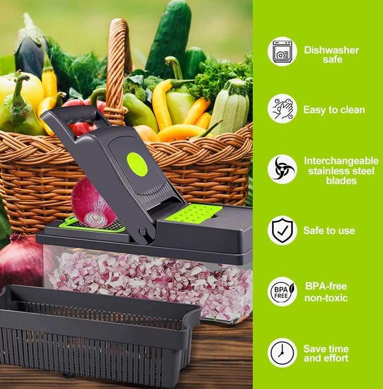 KitchenHelper 15 in 1 Mandoline - Food Chopper, Cutter, Dicer, Grater, Peeler, Slicer, Egg Separator, and Rinse Basket