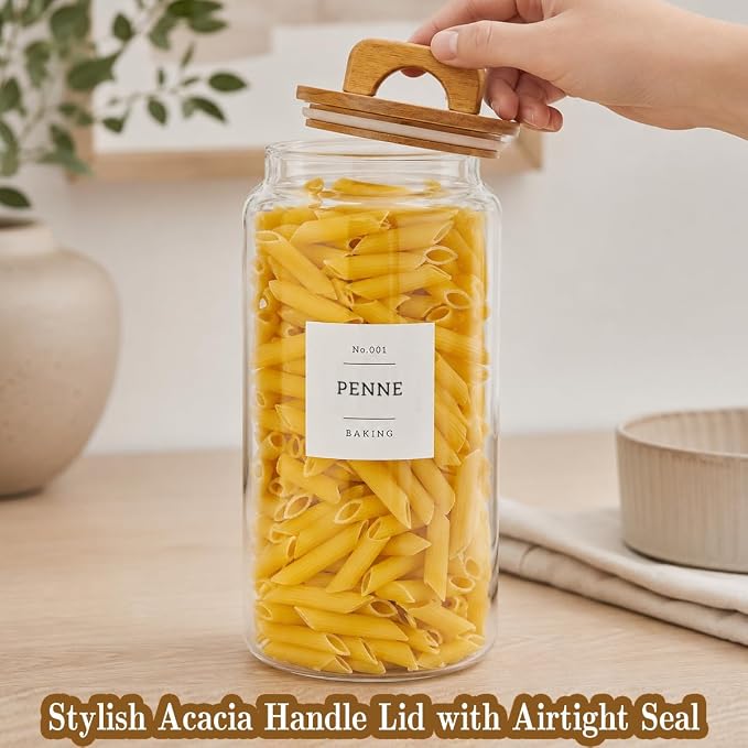 2 Pack Large Glass Flour and Sugar Containers with 132 Pantry Labels - 105 FL OZ Glass Canisters with Bamboo Airtight Lids - Farmhouse Kitchen Glass Pantry Jars for Cookie, Rice, Pasta, Cereal, Salt