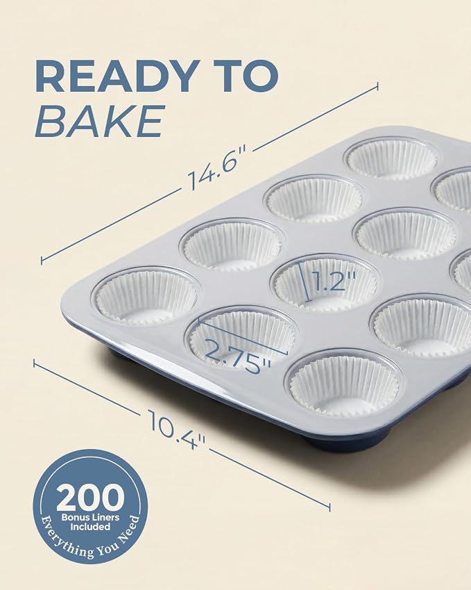 CARTMAN Ceramic Muffin Pan 12 Cup with 200 Cupcake Liners, Non-Stick & Non-Toxic Baking Tin for Healthy Muffins and Cupcakes, Perfect for Home Kitchens and Parties