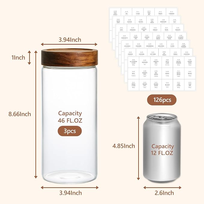 KEYWING 46 fl.oz Glass Jars with Airtight Lids, Food Storage Jars 3Pcs | Clear Food Containers For Pantry Organization Kitchen Canister Set for Cookie Rice Sugar Snack Coffee Bean, with 126 Labels