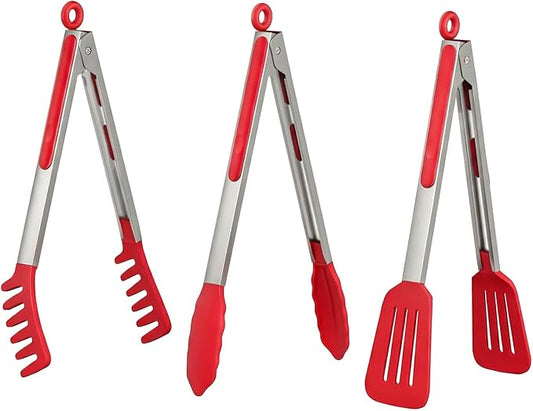 HST Tongs for Cooking with Silicone Tips(3 Pack), Non Stick Kitchen Tongs with Silicone Tip for Cooking BBQ Baking (12", Red)