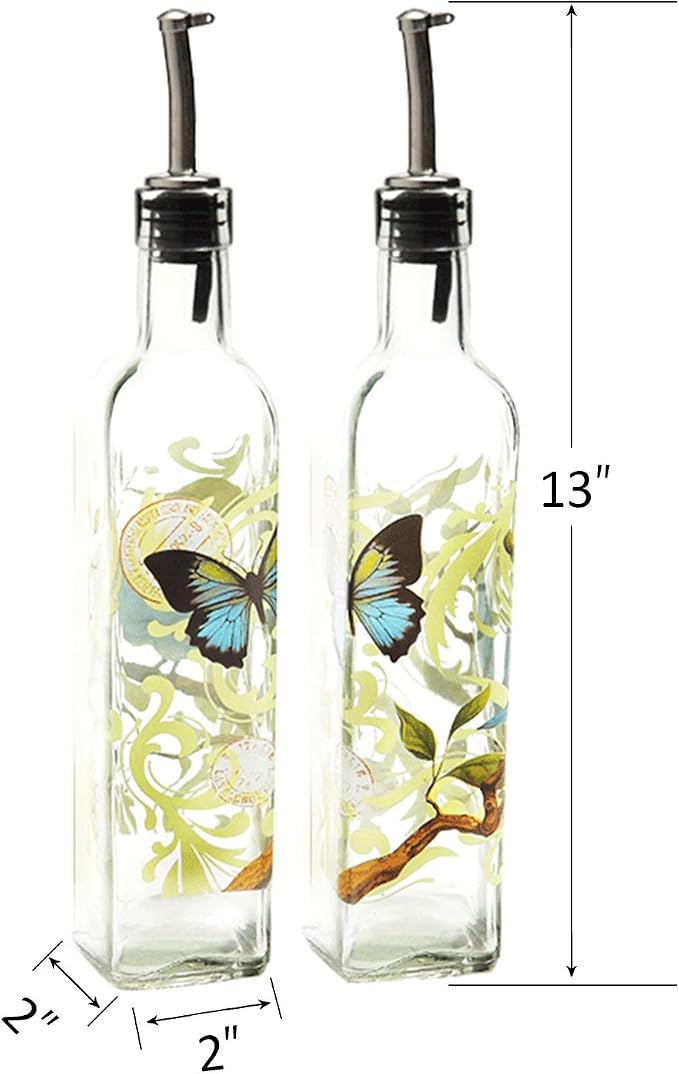 CEDAR HOME Olive Oil Bottle Set Glass Dispenser Vinegar Cruet 17oz. with Stainless Steel Leak Proof Pourer Spout for Cooking or Salad