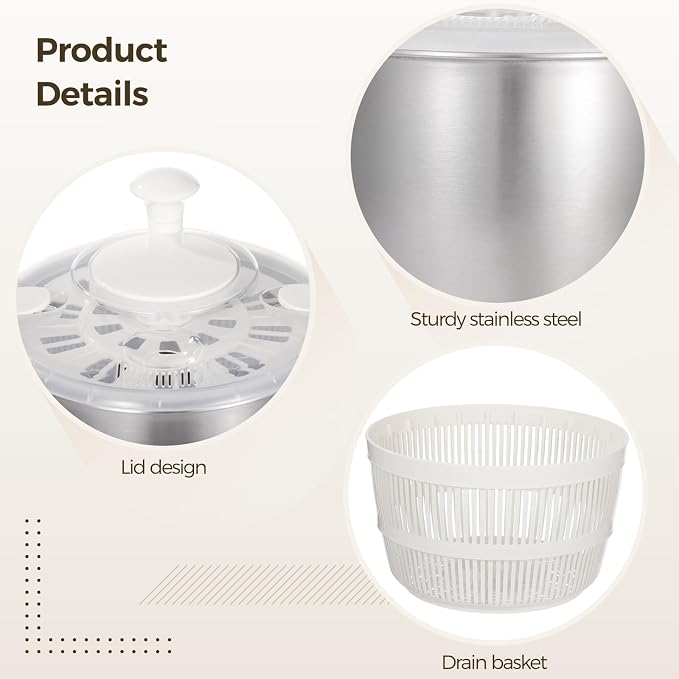 Stainless Steel Salad Spinner 5 L, 360° Quick Spin Function, BPA-Free Lid, Anti-Slip Base, Removable Design for Fruits, Vegetables, Pasta, and More
