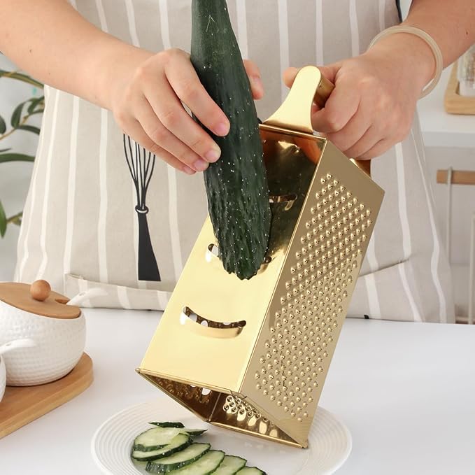 Handheld Cheese Grater Box for Kitchen, Stainless Steel 4 Sided Cheese Grater with Handle for Grinding Shredding & Slicing, Dishwasher Safe (Champagne Gold)