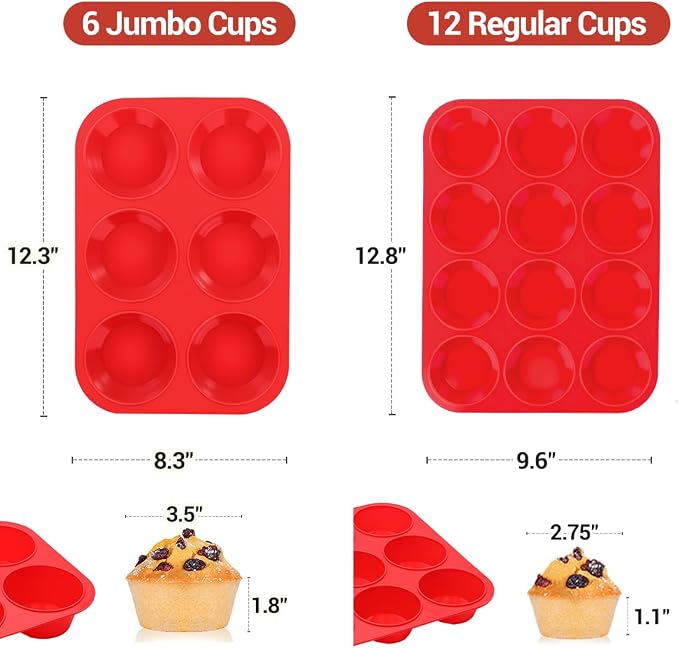 CAKETIME Silicone Muffin Pan, 2 Packs Jumbo 6 Cups and Regular 12 Cups for Baking Muffins, Cupcakes, Egg Bites, Frittatas