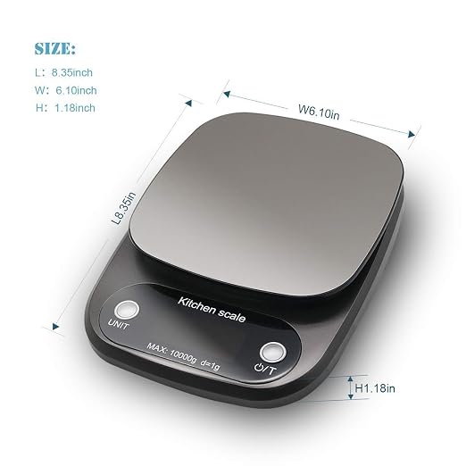 Digital Food Scale, 22lb Kitchen Scale Measures in Grams, Ounces and ML for Weight Loss, Baking, Cooking, 1g/0.1oz Precise Graduation, 304 Food Grade Stainless Steel, Batteries Included