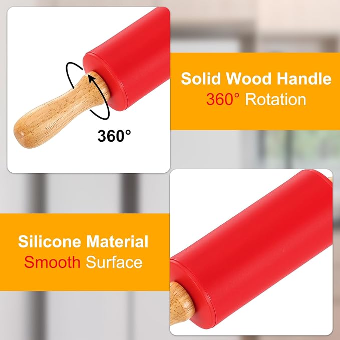 uxcell 4 Inch Silicone Rolling Pin, Small Dough Roller with Wood Handle for Pizza Pastry Fondant Kitchen, Red