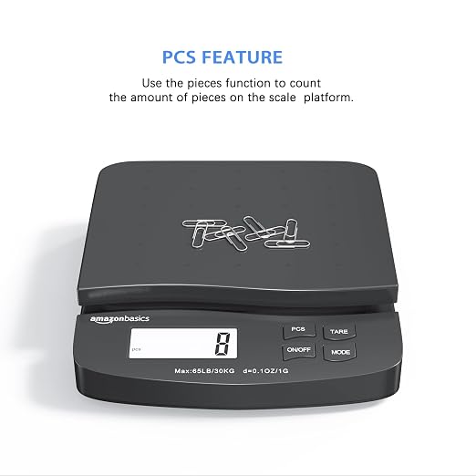 Amazon Basics Digital Postal Shipping Scale with Tare Function, AC Adapter, 65 lb Capacity, 0.1 oz Readability, LCD Display, Black