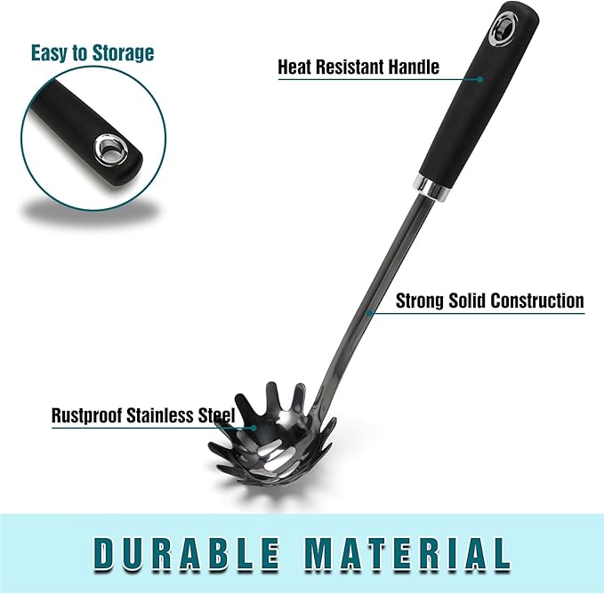 Black Stainless Steel Pasta Spoon, Spaghetti Server with Teeth, Metal Pasta Fork for Noodles, Linguine, Fettuccine and Macaroni, Dishwasher Safe