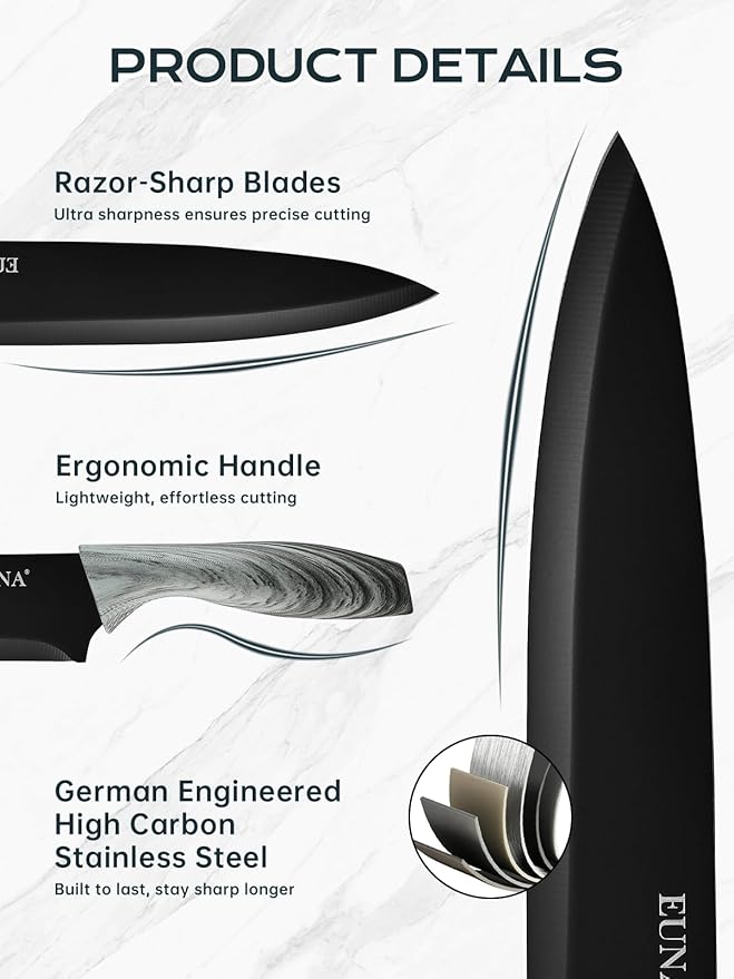 EUNA Knife Block Set, 19 PCS Kitchen Knife Set with Acrylic Block and Sharpener, German High-Carbon Stainless Steel Knife Sets with 6 Serrated Steak Knives, Bread Knife, Chef Knife, Dishwasher Safe