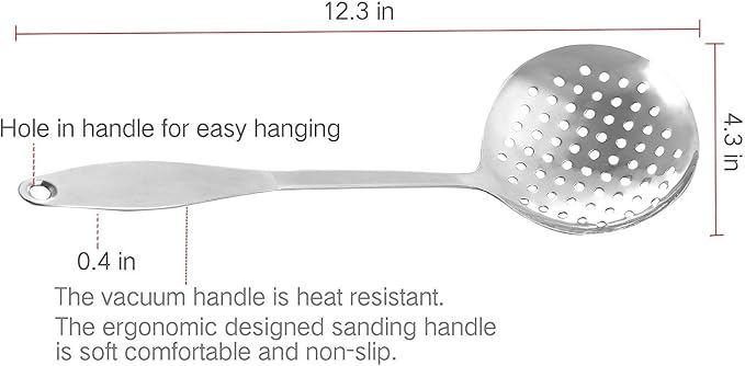 Skimmer Spoon/Strainer Ladle - Stainless Steel - with Sanding Handle - perforated style for Kitchen Food (13-in)