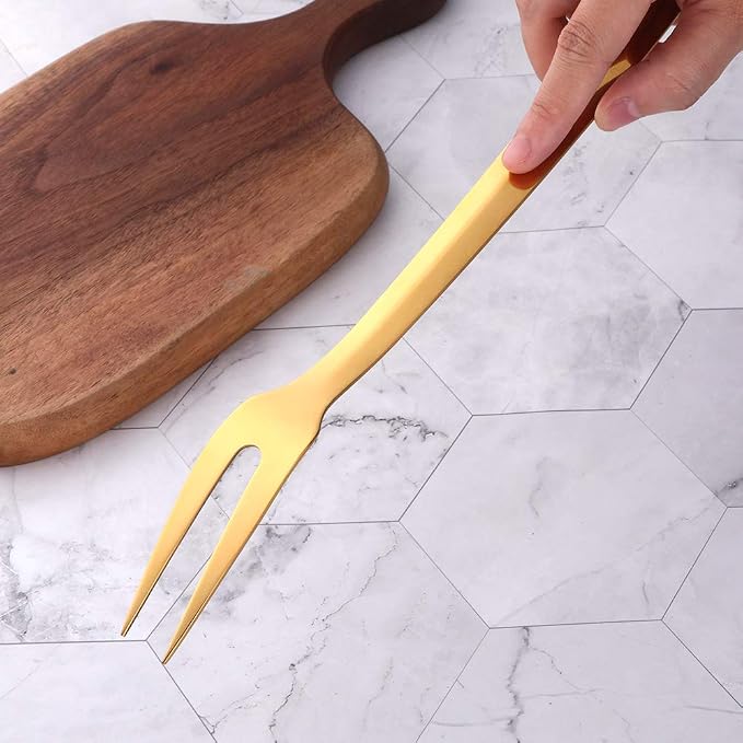 6 Pcs 12.3 in Gold Meat Forks for Kitchen, Stainless Steel Titanium Plated Dinner Fork, Ergonomic Integral Forming Mirror Polish-Dishwasher Safe