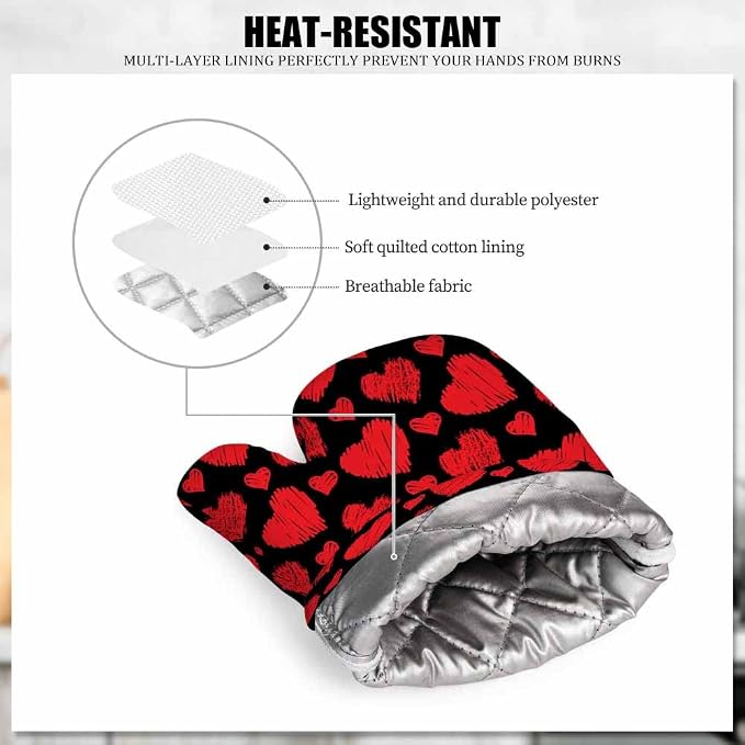 Mxocom Red Hearts Heat-Resistant Oven Mitts and Pot Holder Line Hearts on Black Background Kitchen Non-Slip Cooking Microwave Gloves for Cooking Baking Grilling