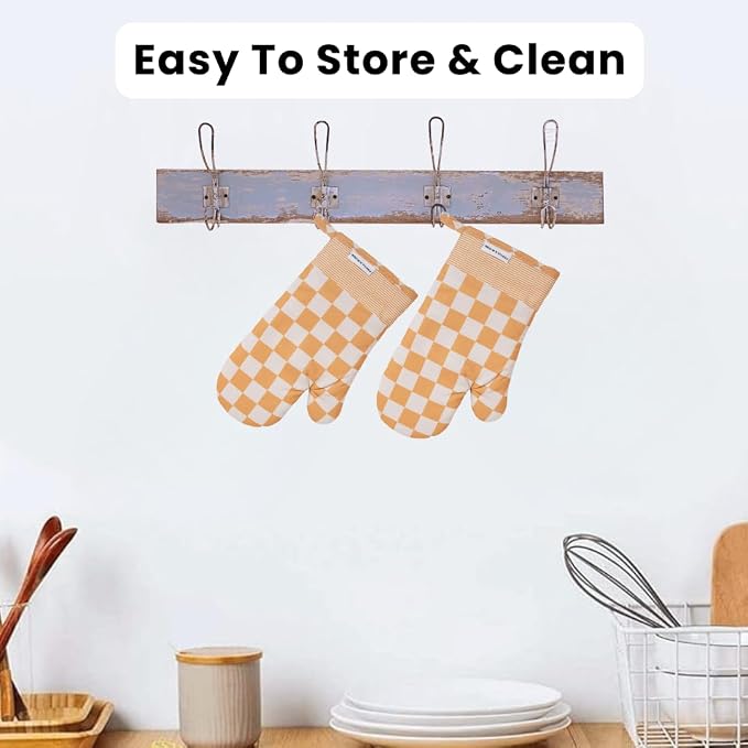 Portia & Bloom Oven Mitts Heat Resistant 12" x 5.5" or Silicone Oven Mitts, Cotton Oven Mits, Oven Mits/Glove Set or Cute Kitchen Mittens, Kitchen Oven Mitt Set (Yellow)