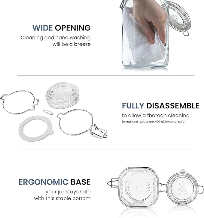 Bormioli Rocco Fido Glass Canning Jar, Blue Lid - 67.75 oz Airtight Container with Clamp Lock Canister for Preserving Vegetables, Sauces & Cooking “Au Bain-Marie” - Italian Glass, Dishwasher Safe