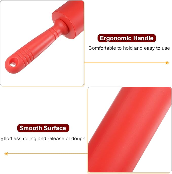 HARFINGTON Silicone Rolling Pins for Baking 17 Inch Non Stick Rolling Pin Small Roller Playdough Rolling Pins with Hanging Hole for Dough Pizza Pastry Fondant Kitchen, Red