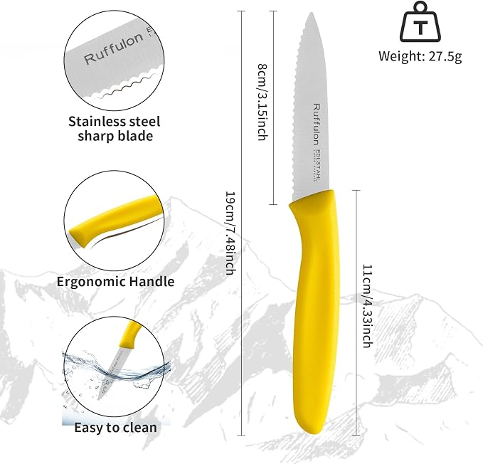 Stainless Steel Paring Knife With Serrated Blade, 6 Pieces Set Vegetable and Fruit Knife, Ultra Sharp Small Kitchen Knife, Yellow Paring Knives with PP Plastic Ergonomic Handle.