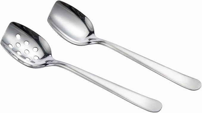 IMEEA 8-Inch Compact Flat Bottom Scraping Cooking Spoon Set of 2, 18/8 Stainless Steel Slotted & Solid Stirring Spoon, Small Kitchen Spoon for Sauces, Eggs, Instant Pot, Small Pan & Bowl