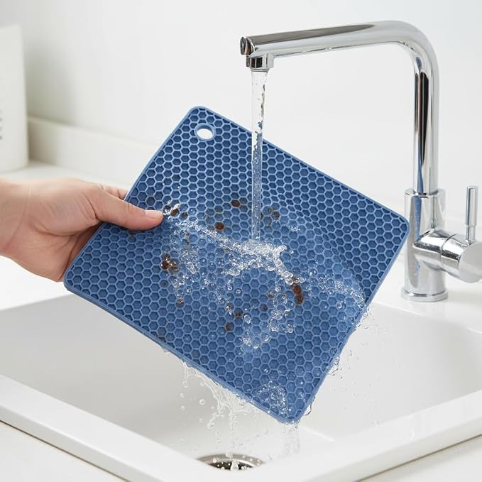 6-Pack Silicone Trivet Mats, Heat Resistant Hot Pads, Dishwasher Safe Kitchen Mats, BPA-Free Pot Holders for Table, Countertop, Stove, Honeycomb Design (Blue, 7" Square)