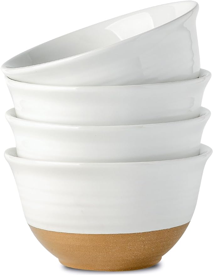 HASENSE Large Ceramic Soup Bowls Set of 4, 40 Oz 7 Inch White & Terracotta Stoneware Mixing Bowls, Farmhouse Bowls for Cereal, Salad, Pasta & Ramen, Dishwasher & Microwave Safe