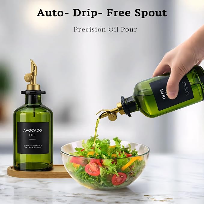 Olive Oil Dispenser Set, 2 x 11.8oz Deep Green Glass Bottles with Auto-Flip Spouts & 2 Capped Spare Spouts, Bamboo Tray, Oil & Vinegar Cruet (Green)