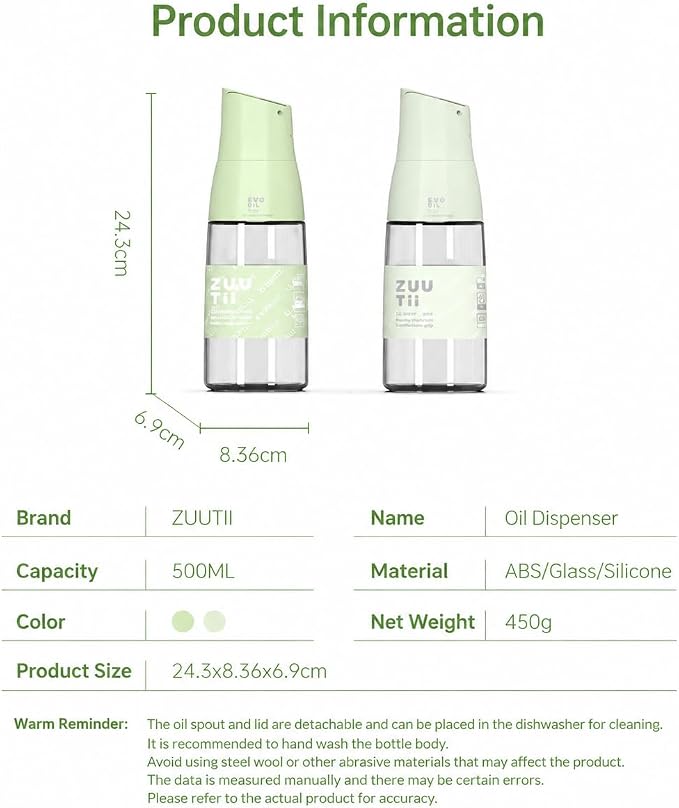 Zuutii Olive Oil Dispenser Container 500ml 17oz Drip Free Spout Glass Olive Oil Bottle for Kitchen Cooking Oil Dispenser Kitchen Grey Blue Cream Yellow (Honeydew Green)