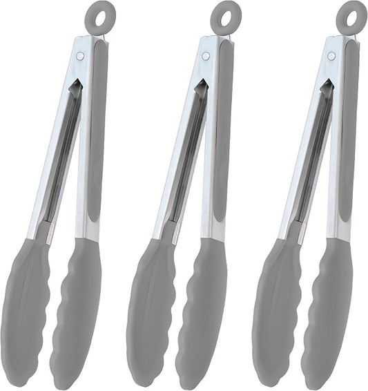HINMAY Locking Kitchen Tongs with Silicon Tips 9-Inch, Set of 3 (Gray)