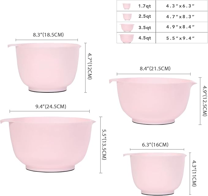 BoxedHome Mixing Bowls Set of 4, BPA Free Plastic,Microwave Safe, Pink | 4.5/3.5/2.5/1.7 quarts, Non-slip Base Large Nesting Bowl with Pour Spout, Dishwasher Safe, for Prep, Cooking,Baking