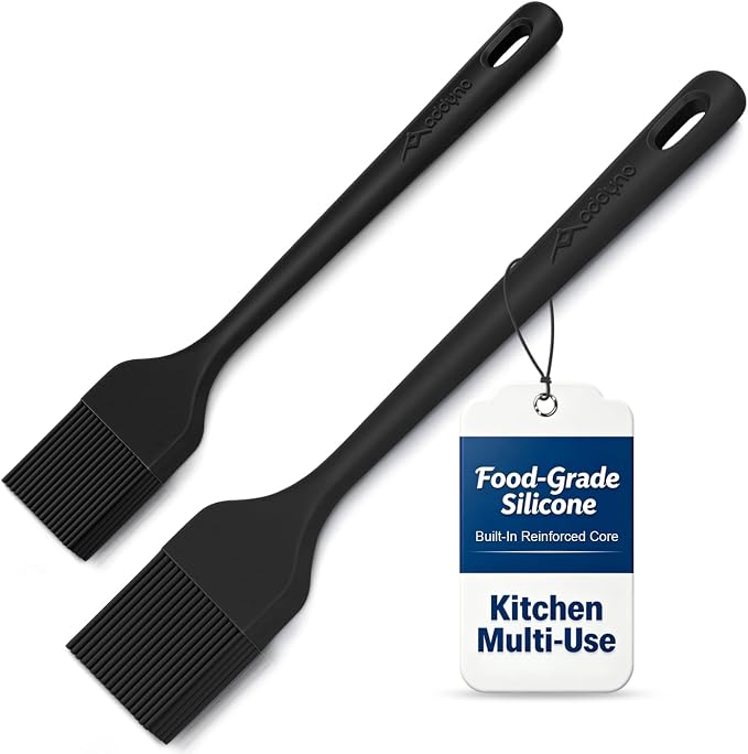 Silicone Basting Brush Set, 2-Pack Food-Grade BPA-Free Pastry Brush, 446°F Heat Resistant with Reinforced Inner Core, One-Piece Design for BBQ, Grilling, Baking, Butter, Marinades & Oil (Black)