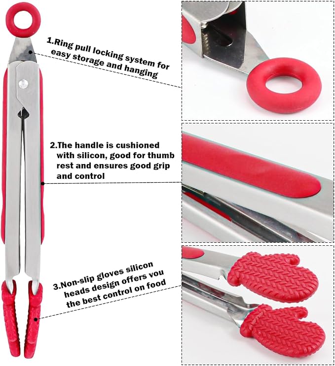 Kitchen Tongs for Cooking Non Stick Cooking Tongs Silicone Tongs Kitchen Tongs with Silicone Tips Stainless Steel Tongs (Red)